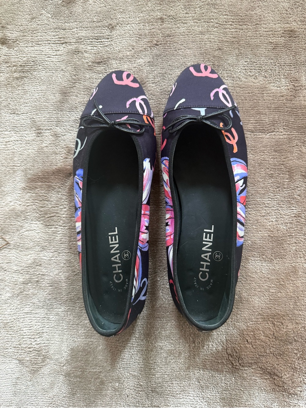 CHANEL Rare Black Floral Ballet Flats with Pink Accents